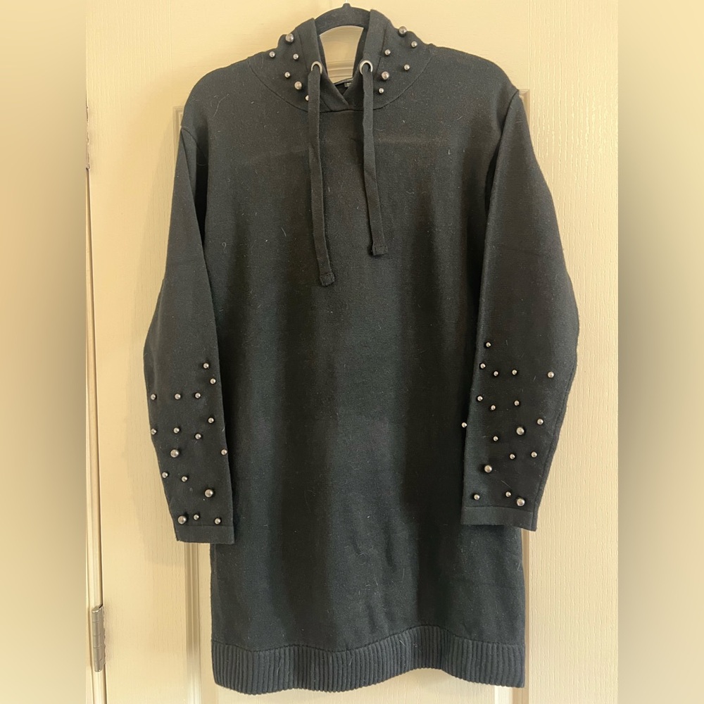 Coco + Carmen Black Hooded Sweater Dress with Bead Accents Size S/M
